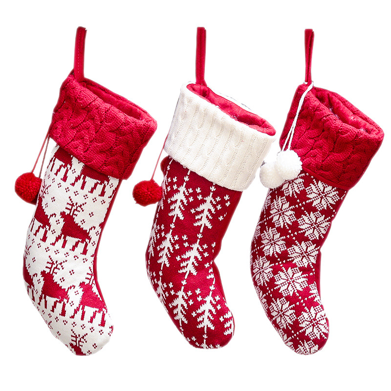 Quying New Christmas Decorations Knitted Christmas Stockings Woolen Yarn Socks Red and White Elk Gift Bag Children Gift Bag