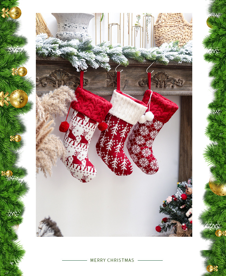 Quying New Christmas Decorations Knitted Christmas Stockings Woolen Yarn Socks Red and White Elk Gift Bag Children Gift Bag