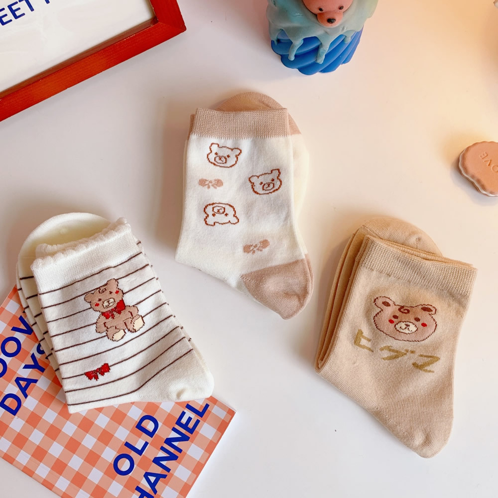 Cute Japanese Style Socks Children Ins Trendy Autumn and Winter Internet Celebrity Tube Socks Korean Cartoon Bear Stockings Vintage Stripe