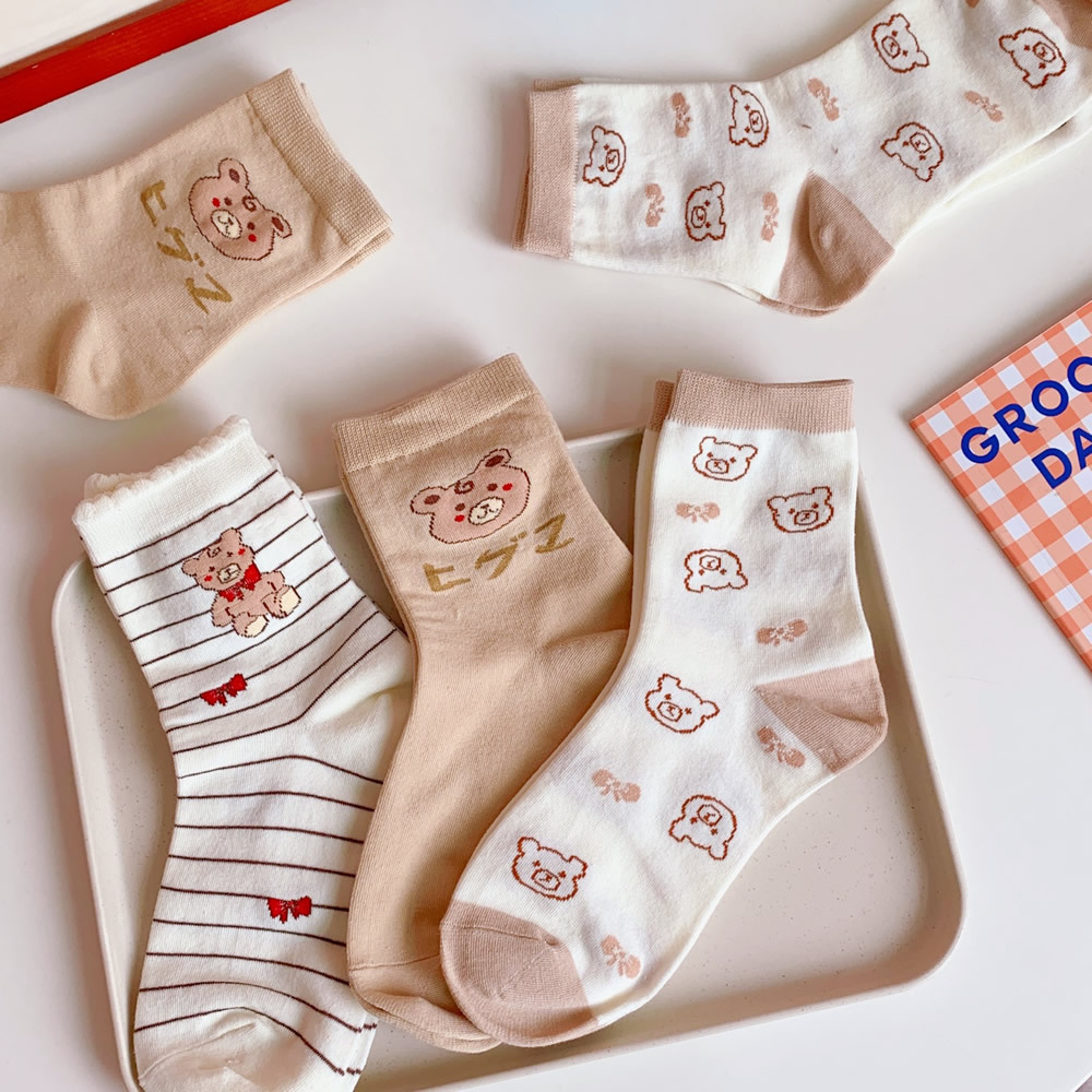 Cute Japanese Style Socks Children Ins Trendy Autumn and Winter Internet Celebrity Tube Socks Korean Cartoon Bear Stockings Vintage Stripe
