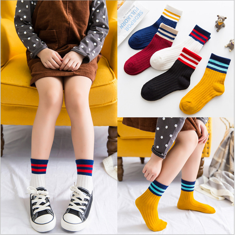 Cotton Socks Baby&#039;s Socks Children&#039;s Socks Combed Cotton Striped Two Bars Baby&#039;s Socks MidCalf Students&#039; Socks