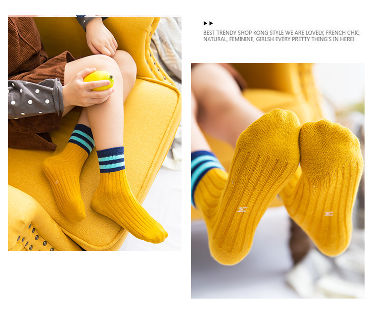 Cotton Socks Baby's Socks Children's Socks Combed Cotton Striped Two Bars Baby's Socks MidCalf Students' Socks