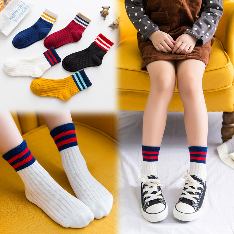 Cotton Socks Baby's Socks Children's Socks Combed Cotton Striped Two Bars Baby's Socks MidCalf Students' Socks