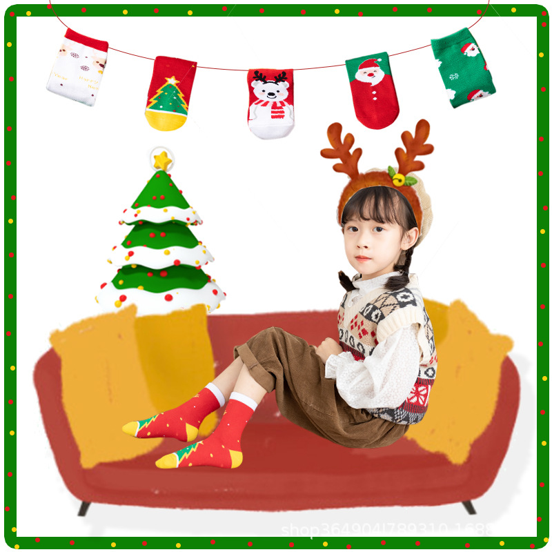 Children&#039;s Christmas Socks Autumn and Winter New Cartoon Cute Baby Cotton Socks Child Kid Medium and Big Children Tube Socks Wholesale