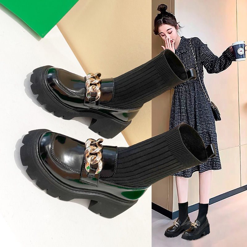 Metal Buckle Socks Boots 2021 Autumn and Winter Thick Heel round Toe Slipon British Style Skinny Boots Small Size Women