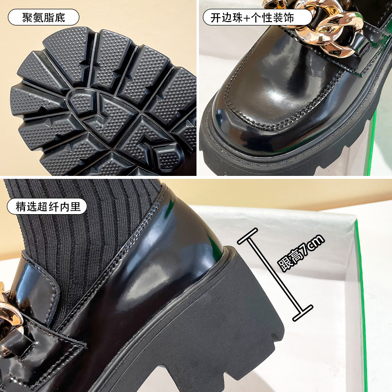 Metal Buckle Socks Boots 2021 Autumn and Winter Thick Heel round Toe Slipon British Style Skinny Boots Small Size Women
