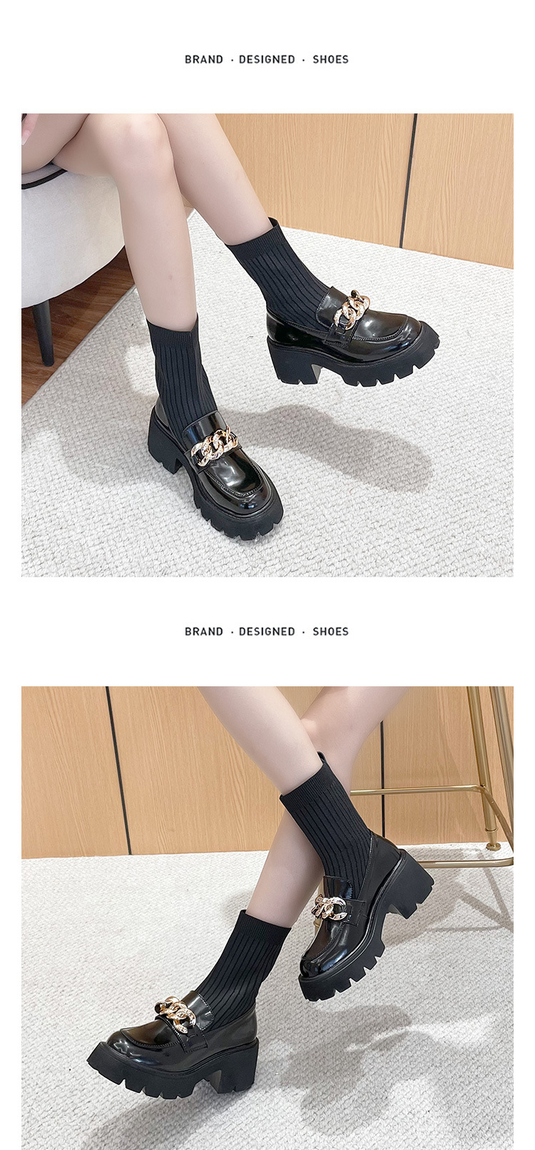 Metal Buckle Socks Boots 2021 Autumn and Winter Thick Heel round Toe Slipon British Style Skinny Boots Small Size Women Metal Buckle Socks Boots 2021 Autumn and Winter Thick Heel round Toe Slipon British Style Skinny Boots Small Size Women