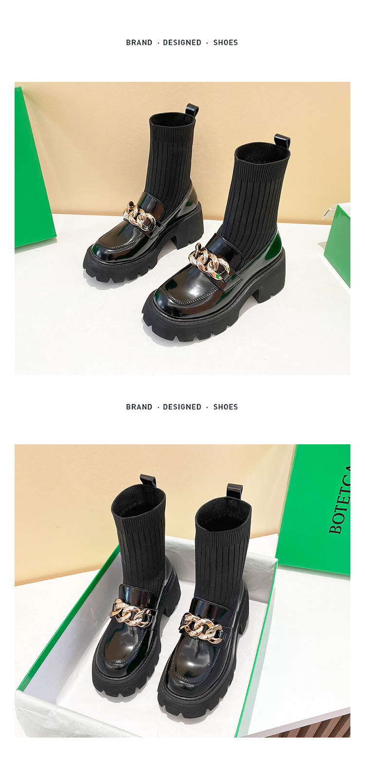 Metal Buckle Socks Boots 2021 Autumn and Winter Thick Heel round Toe Slipon British Style Skinny Boots Small Size Women Metal Buckle Socks Boots 2021 Autumn and Winter Thick Heel round Toe Slipon British Style Skinny Boots Small Size Women