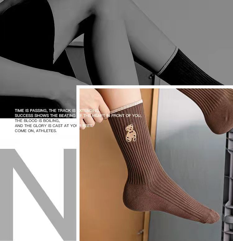 socks Women's Bunching Socks High-Top Bear Autumn and Winter New Women's Ins Trendy Cotton Socks Black and White Socks