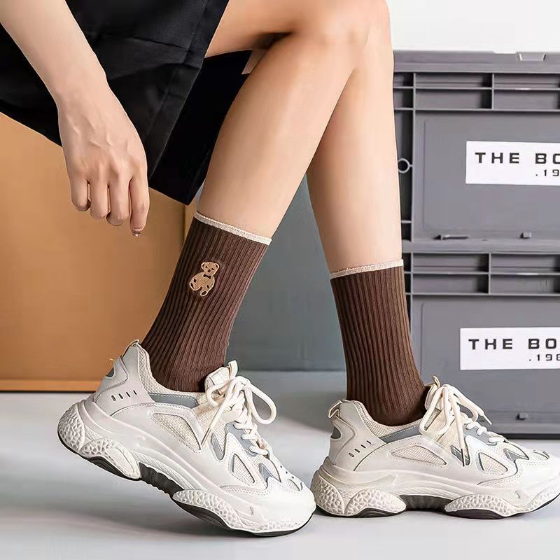 socks Women&#039;s Bunching Socks High-Top Bear Autumn and Winter New Women&#039;s Ins Trendy Cotton Socks Black and White Socks