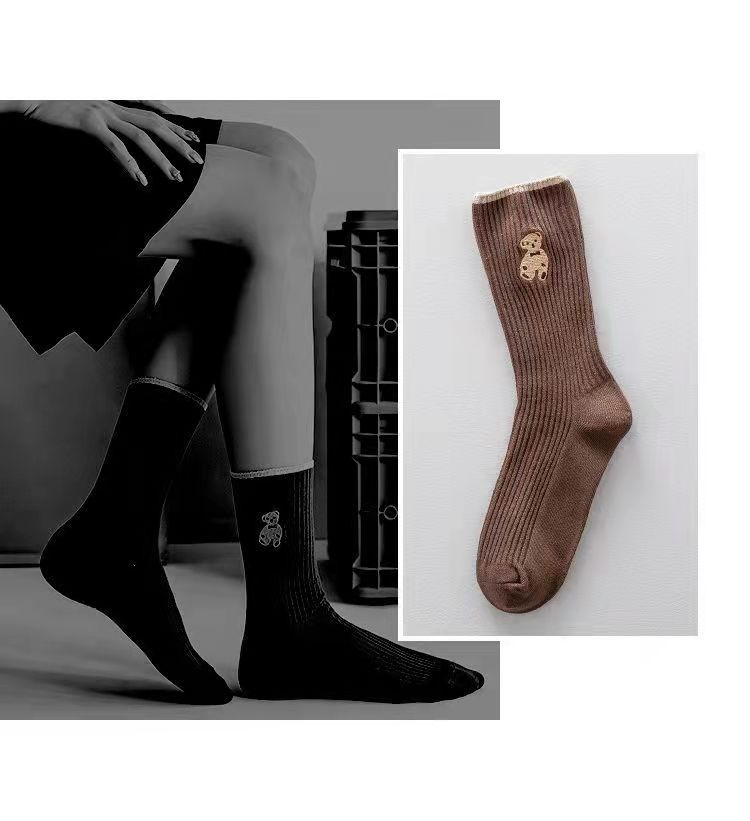 socks Women's Bunching Socks High-Top Bear Autumn and Winter New Women's Ins Trendy Cotton Socks Black and White Socks