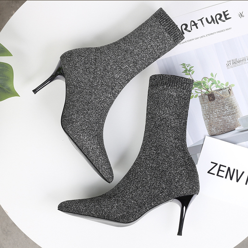 6 Autumn and Winter TikTok Socks Knitted Boots Thin Heeled Ankle Boots Women&#039;s High Heels Pointed Boots Women&#039;s