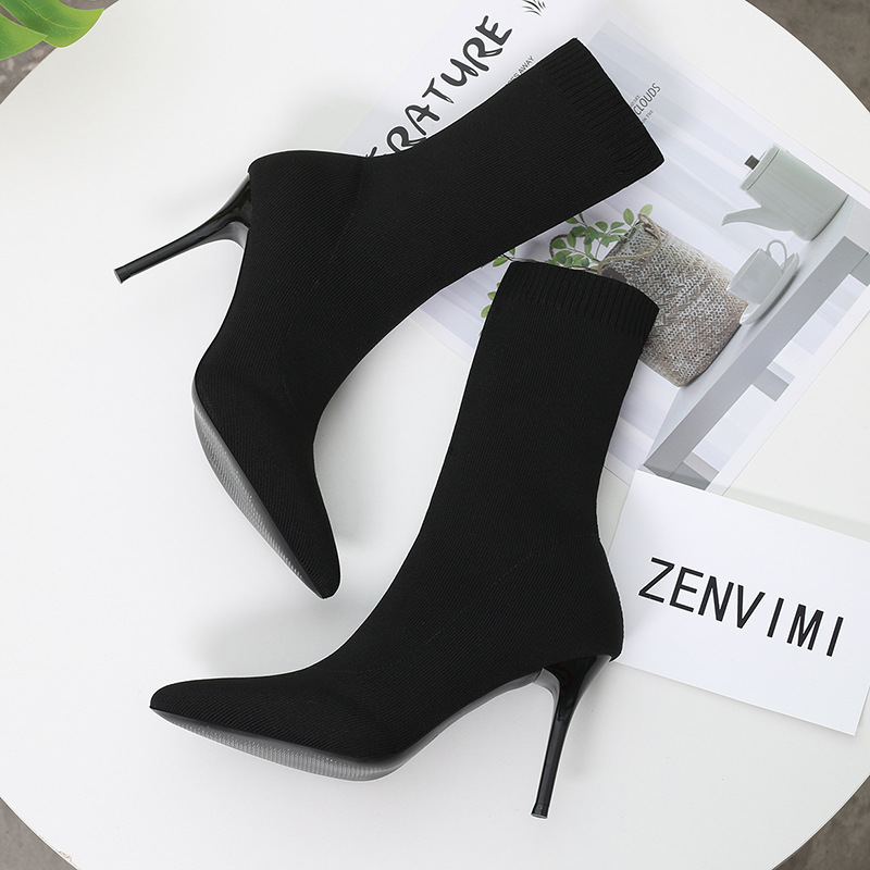 6 Autumn and Winter TikTok Socks Knitted Boots Thin Heeled Ankle Boots Women&#039;s High Heels Pointed Boots Women&#039;s