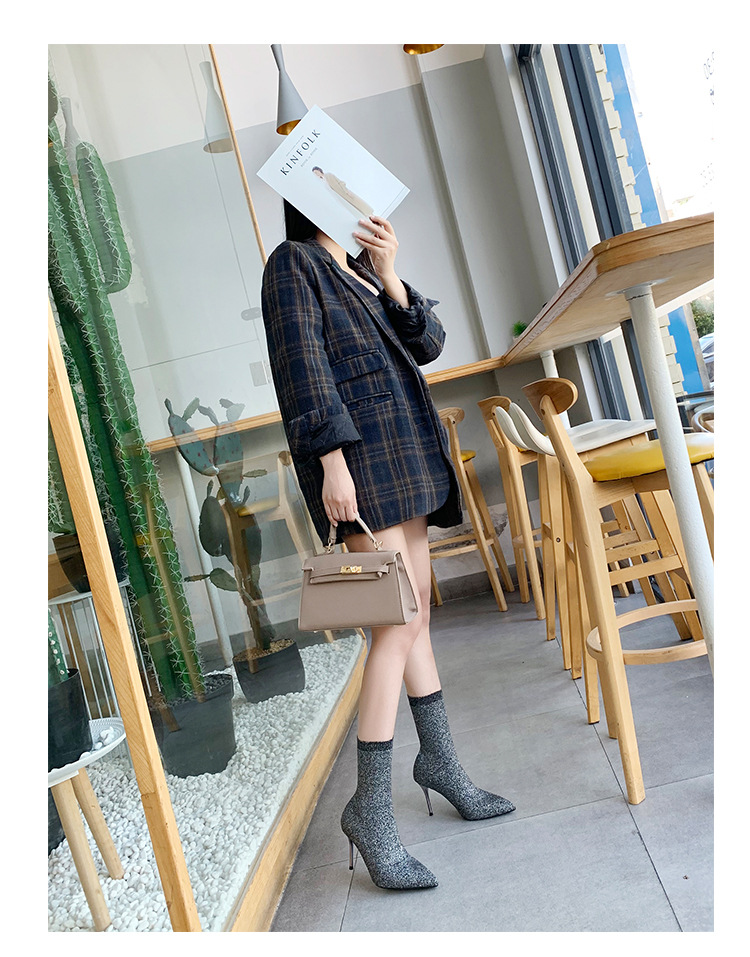 6 Autumn and Winter TikTok Socks Knitted Boots Thin Heeled Ankle Boots Women's High Heels Pointed Boots Women's