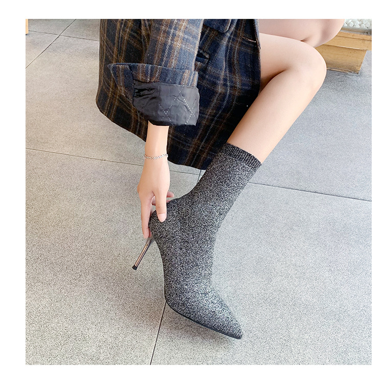6 Autumn and Winter TikTok Socks Knitted Boots Thin Heeled Ankle Boots Women's High Heels Pointed Boots Women's