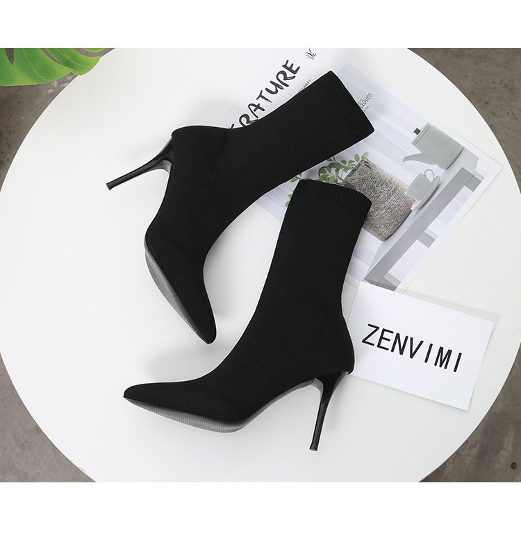 6 Autumn and Winter TikTok Socks Knitted Boots Thin Heeled Ankle Boots Women's High Heels Pointed Boots Women's