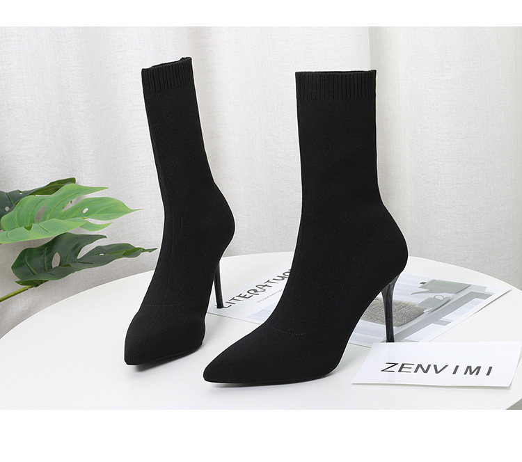 6 Autumn and Winter TikTok Socks Knitted Boots Thin Heeled Ankle Boots Women's High Heels Pointed Boots Women's