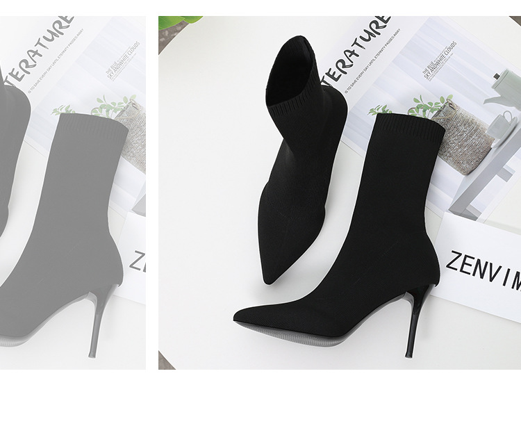 6 Autumn and Winter TikTok Socks Knitted Boots Thin Heeled Ankle Boots Women's High Heels Pointed Boots Women's