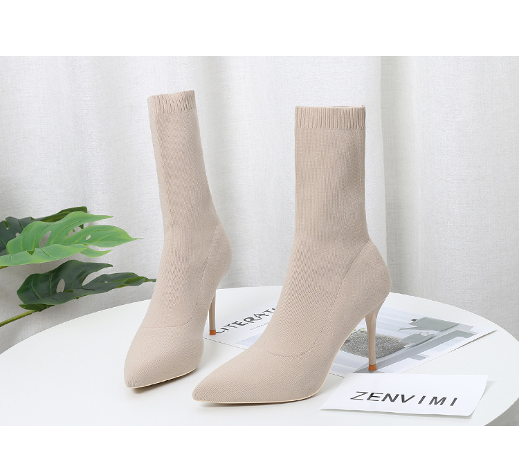 6 Autumn and Winter TikTok Socks Knitted Boots Thin Heeled Ankle Boots Women's High Heels Pointed Boots Women's