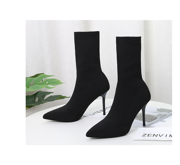 6 Autumn and Winter TikTok Socks Knitted Boots Thin Heeled Ankle Boots Women's High Heels Pointed Boots Women's