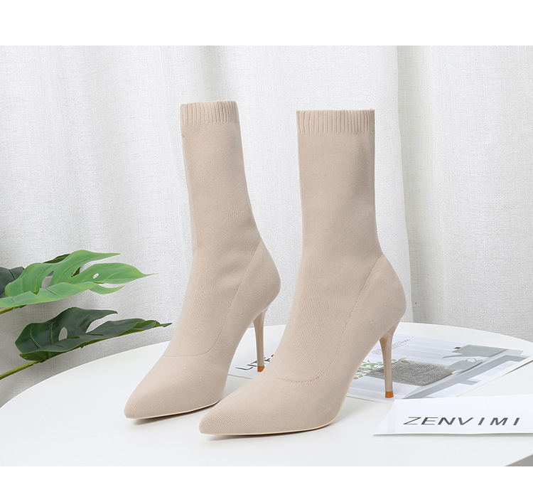 6 Autumn and Winter TikTok Socks Knitted Boots Thin Heeled Ankle Boots Women's High Heels Pointed Boots Women's