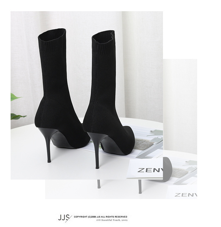 6 Autumn and Winter TikTok Socks Knitted Boots Thin Heeled Ankle Boots Women's High Heels Pointed Boots Women's