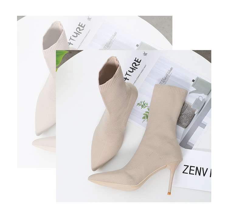 6 Autumn and Winter TikTok Socks Knitted Boots Thin Heeled Ankle Boots Women's High Heels Pointed Boots Women's
