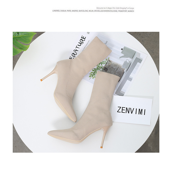 6 Autumn and Winter TikTok Socks Knitted Boots Thin Heeled Ankle Boots Women's High Heels Pointed Boots Women's