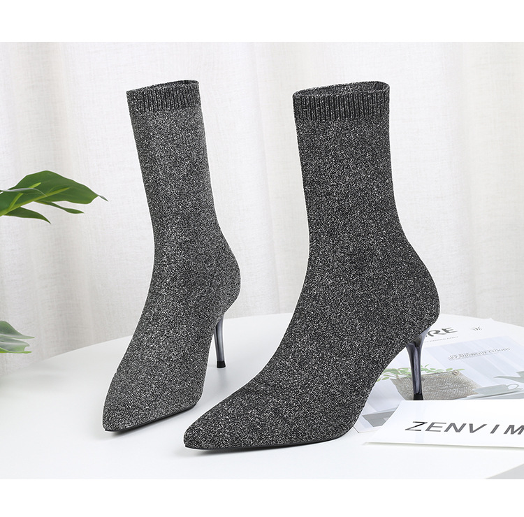 6 Autumn and Winter TikTok Socks Knitted Boots Thin Heeled Ankle Boots Women's High Heels Pointed Boots Women's
