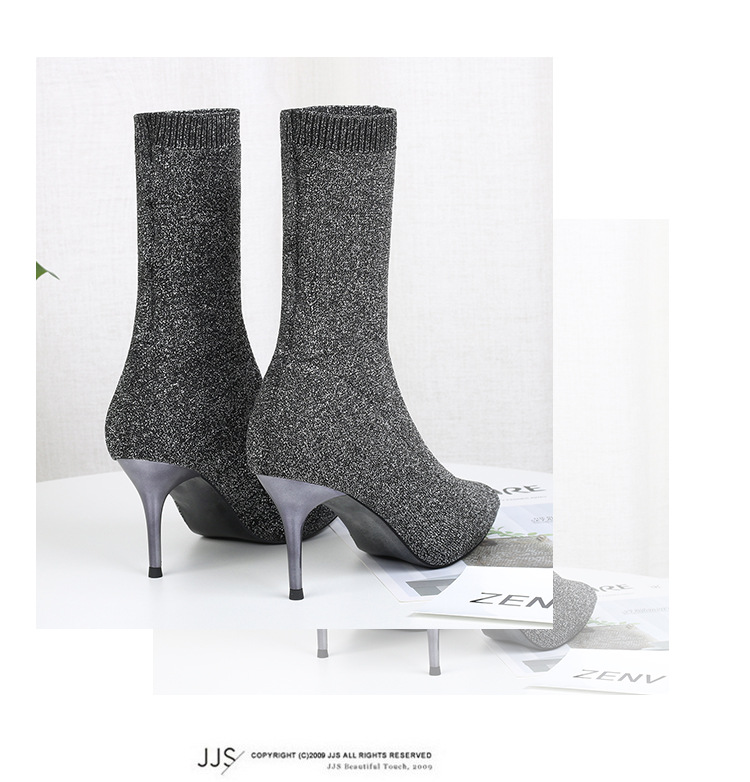 6 Autumn and Winter TikTok Socks Knitted Boots Thin Heeled Ankle Boots Women's High Heels Pointed Boots Women's