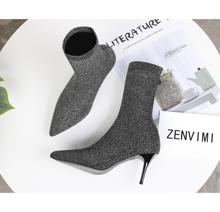 6 Autumn and Winter TikTok Socks Knitted Boots Thin Heeled Ankle Boots Women's High Heels Pointed Boots Women's