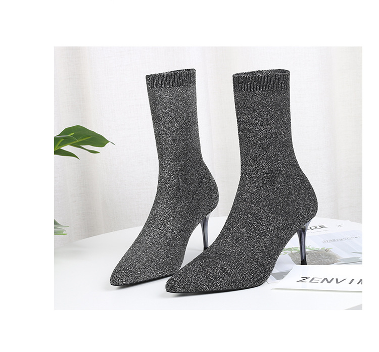 6 Autumn and Winter TikTok Socks Knitted Boots Thin Heeled Ankle Boots Women's High Heels Pointed Boots Women's