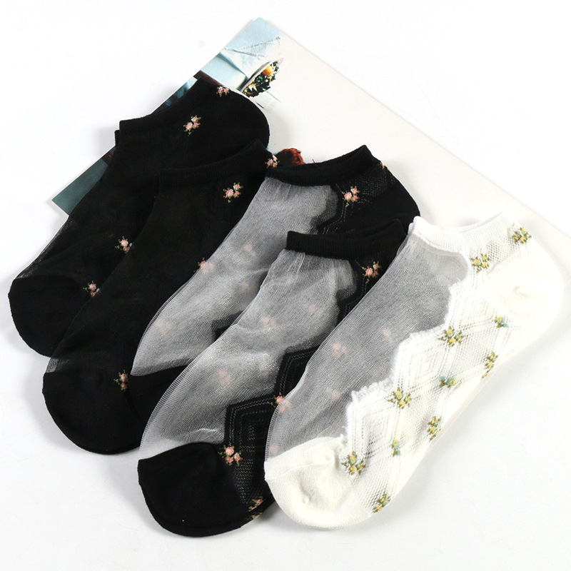 Crystasilk Sock Women&#039;s Summer Jacquard Crystal Socks Flowers Cotton Base Glass Stockings Factory Direct Sales