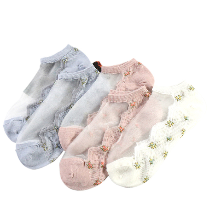 Crystasilk Sock Women&#039;s Summer Jacquard Crystal Socks Flowers Cotton Base Glass Stockings Factory Direct Sales