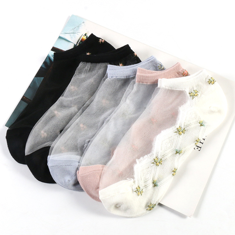 Crystasilk Sock Women&#039;s Summer Jacquard Crystal Socks Flowers Cotton Base Glass Stockings Factory Direct Sales