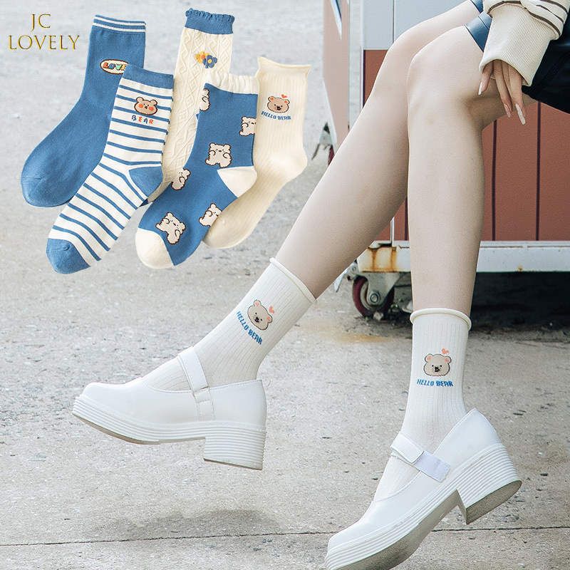 socks Mid Tube Stockings Korean Style Women&#039;s All Cotton Socks Cute Cartoon Bear Lady Long Socks Factory Wholesale