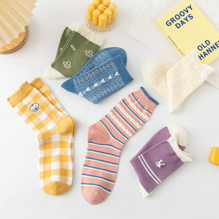 socks Mid Tube Stockings Korean Style Women's All Cotton Socks Cute Cartoon Bear Lady Long Socks Factory Wholesale