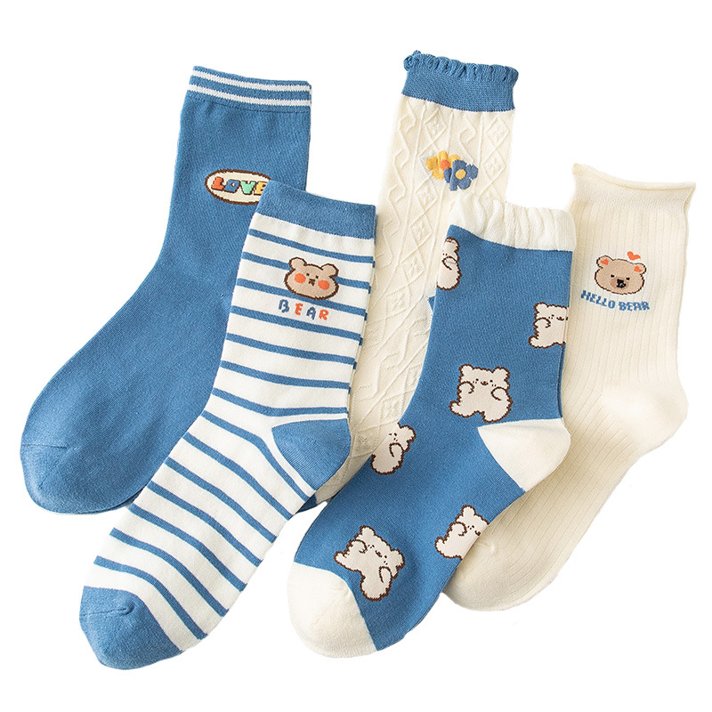 socks Mid Tube Stockings Korean Style Women&#039;s All Cotton Socks Cute Cartoon Bear Lady Long Socks Factory Wholesale