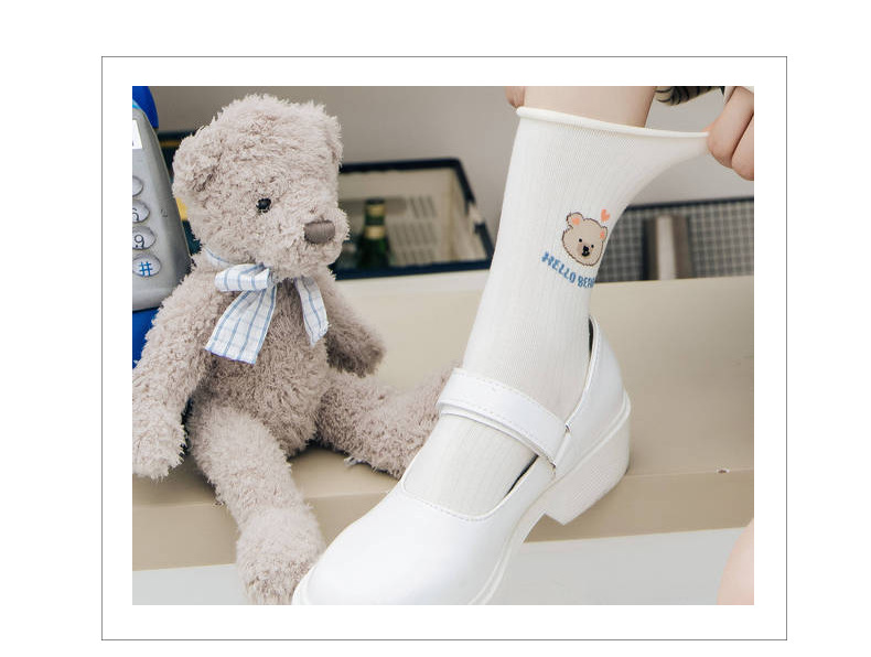 socks Mid Tube Stockings Korean Style Women's All Cotton Socks Cute Cartoon Bear Lady Long Socks Factory Wholesale