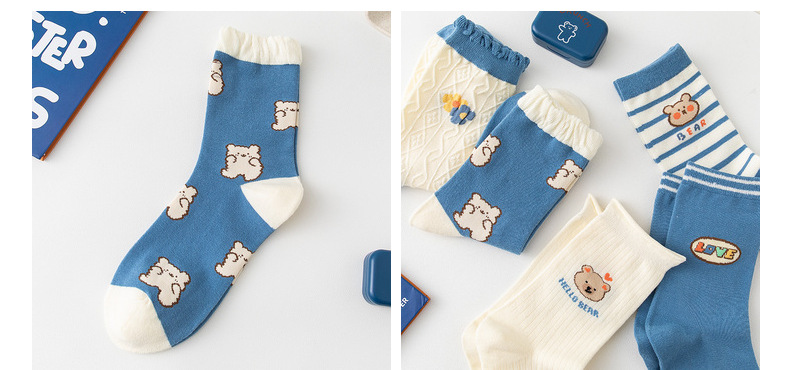 socks Mid Tube Stockings Korean Style Women's All Cotton Socks Cute Cartoon Bear Lady Long Socks Factory Wholesale