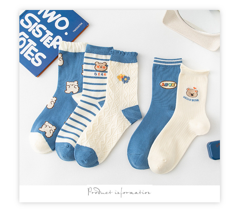 socks Mid Tube Stockings Korean Style Women's All Cotton Socks Cute Cartoon Bear Lady Long Socks Factory Wholesale