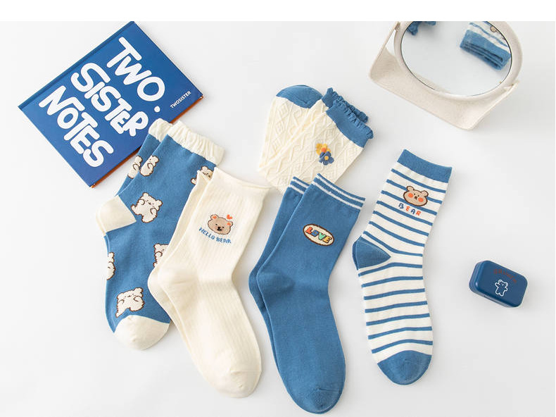 socks Mid Tube Stockings Korean Style Women's All Cotton Socks Cute Cartoon Bear Lady Long Socks Factory Wholesale