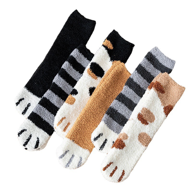 socks Winter Coral Fleece Tube Socks Cute Cat Claw Socks plus Velvet Thick Women Socks Sleeping Socks Maternity Socks