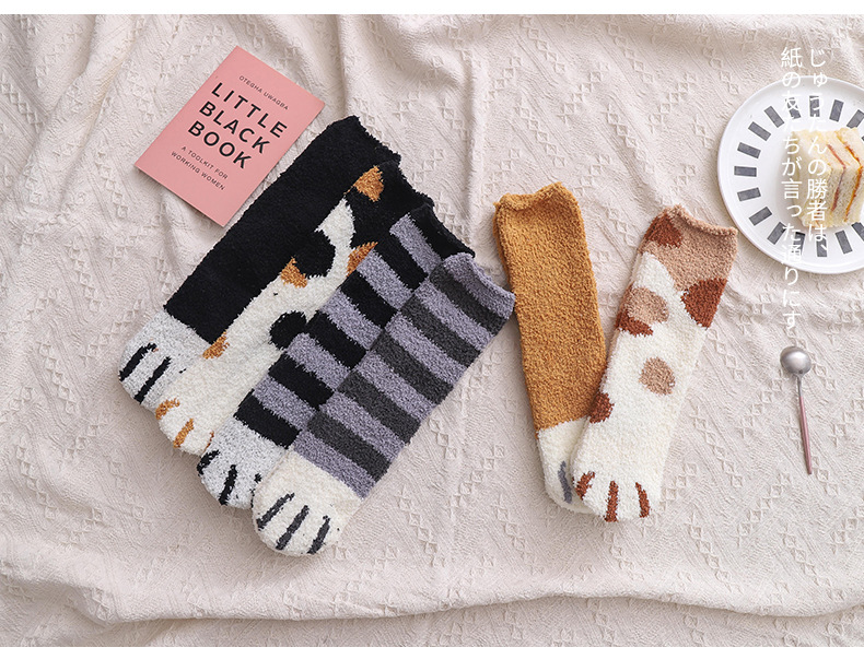 socks Winter Coral Fleece Tube Socks Cute Cat Claw Socks plus Velvet Thick Women Socks Sleeping Socks Maternity Socks