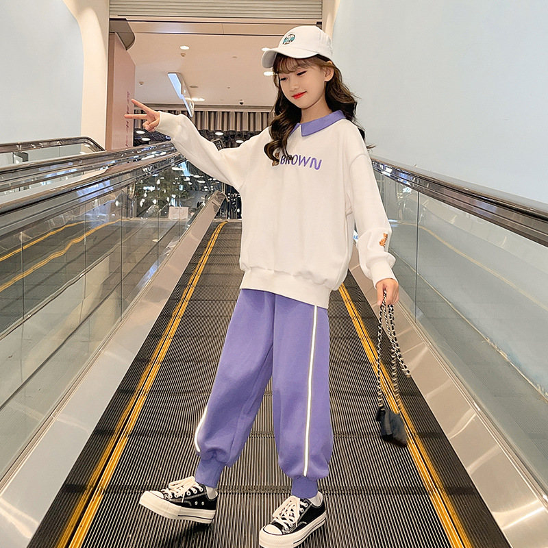 2021 Autumn New Children&#039;s Korean-Style Sweater Casual Pants Two-Piece Set for Girls Autumn Sports Suit Fashion