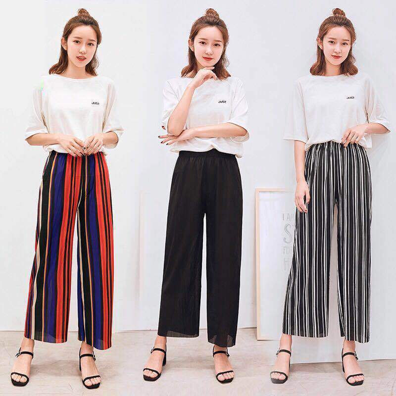 2021 Summer Fashion Beauty Striped Wide-Leg Pants Women&#039;s Summer Cropped Culottes Vertical Stripes with Slimmer Look Big-Leg Straight Casual Pants