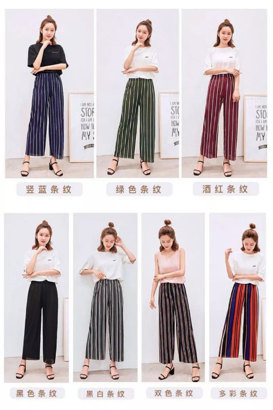 2021 Summer Fashion Beauty Striped Wide-Leg Pants Women's Summer Cropped Culottes Vertical Stripes with Slimmer Look Big-Leg Straight Casual Pants
