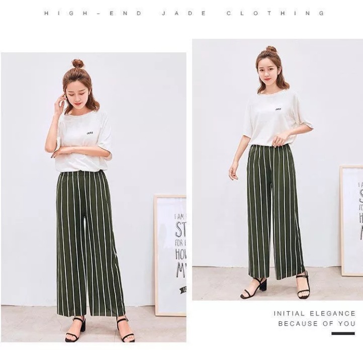 2021 Summer Fashion Beauty Striped Wide-Leg Pants Women's Summer Cropped Culottes Vertical Stripes with Slimmer Look Big-Leg Straight Casual Pants