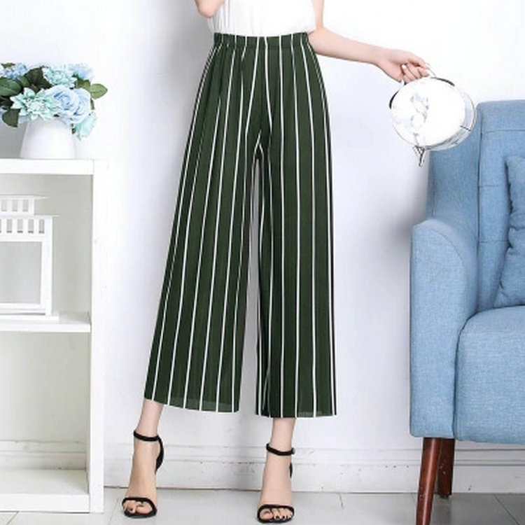 2021 Summer Fashion Beauty Striped Wide-Leg Pants Women's Summer Cropped Culottes Vertical Stripes with Slimmer Look Big-Leg Straight Casual Pants