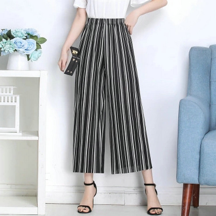 2021 Summer Fashion Beauty Striped Wide-Leg Pants Women's Summer Cropped Culottes Vertical Stripes with Slimmer Look Big-Leg Straight Casual Pants